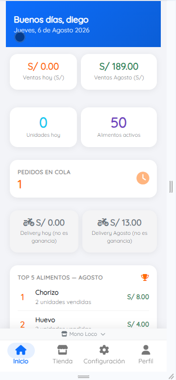 Panel de inicio de Emporia en el celular, con ventas del día, pedidos en cola y navegación inferior