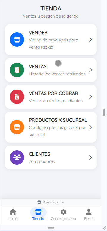 Módulo Tienda de Emporia: vender, ventas, ventas por cobrar, productos por sucursal y clientes
