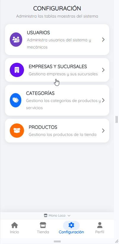 Módulo Configuración de Emporia: usuarios, empresas y sucursales, categorías y productos